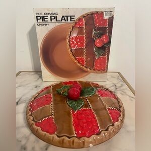 Vintage 1950s Ceramic Cherry Pie Plate Keeper with Lid Original Box Caldor Japan